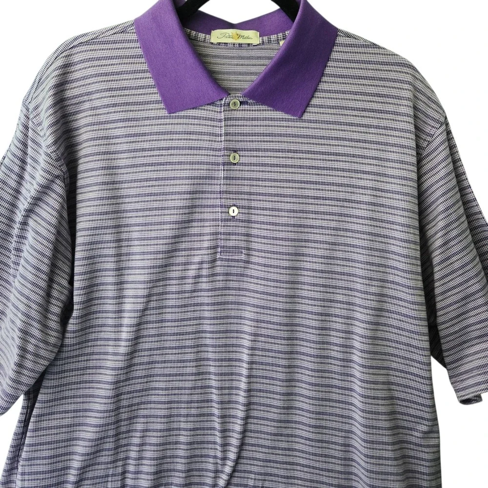 Peter Millar Mens Large Purple Stripe Double Mercerized Cotton‎ Polo Shirt Golf